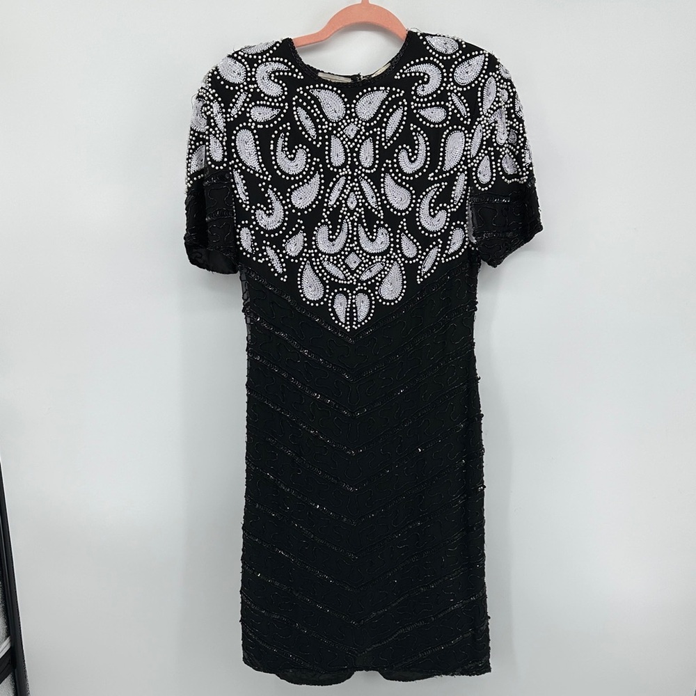 Stenay VTG 80s Gatsby Cocktail Retro Silk Elegant Black/White Beaded Dress Sz6